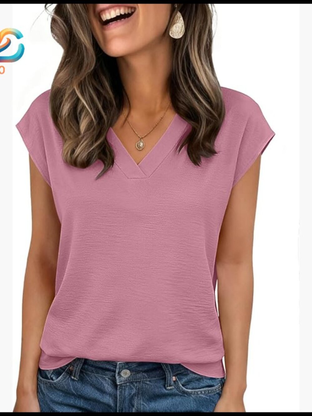 Lightweight Polyester V-Neck Blouse Cap Sleeve Business Casual Top